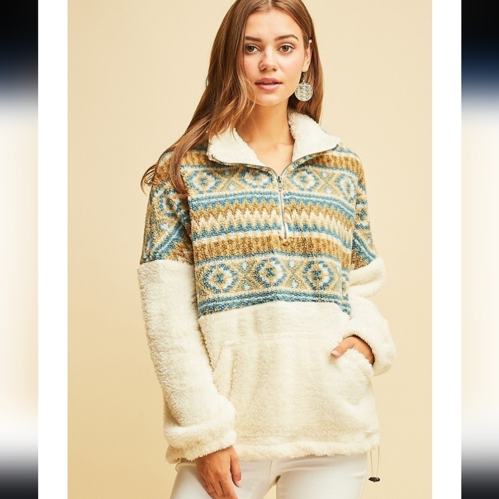 Women's Entro Pullover  Sherpa, 1/4 Zip Sz Small Cream Tan